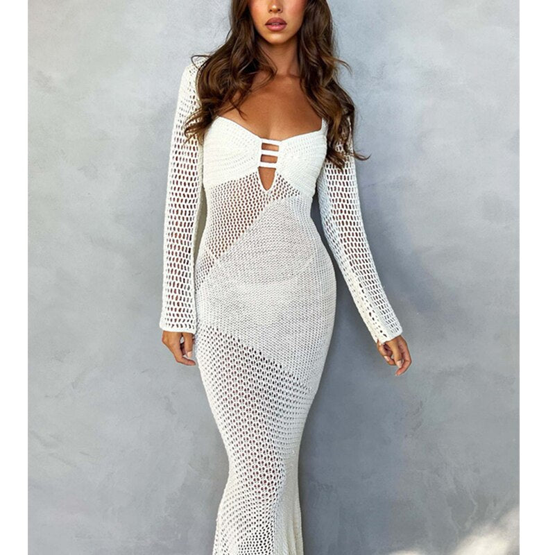 Autumn Summer Knitting Bodycon Dress Women Beach Streetwear Crochet Hollow Out Tie-up Backless Wrapped Vestidos Ladies
