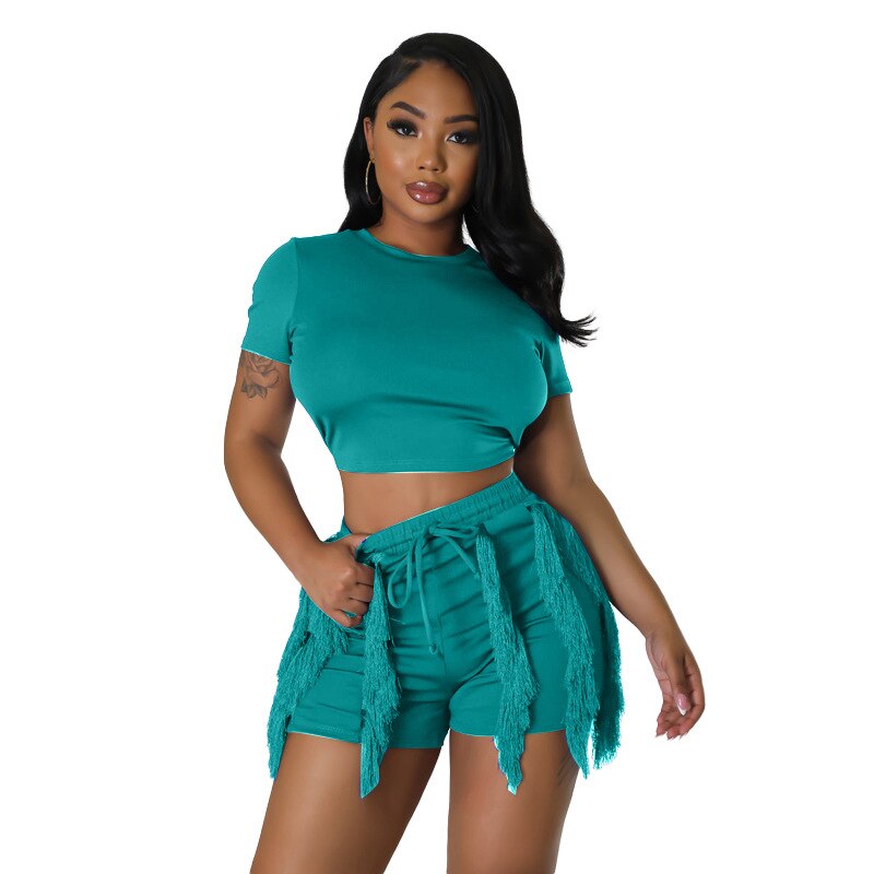 Echoine Short Sleeve Round Tshirt Crop Top Tassel Patchwork Shorts Two Piece Set