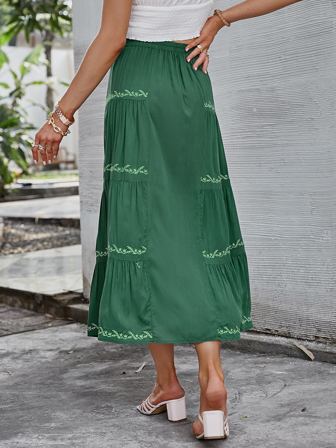 Simplee Bohemian pleated women's long skirt green A-line leave pattern summer skirt boho Loose elastic waist soft ladies bottom