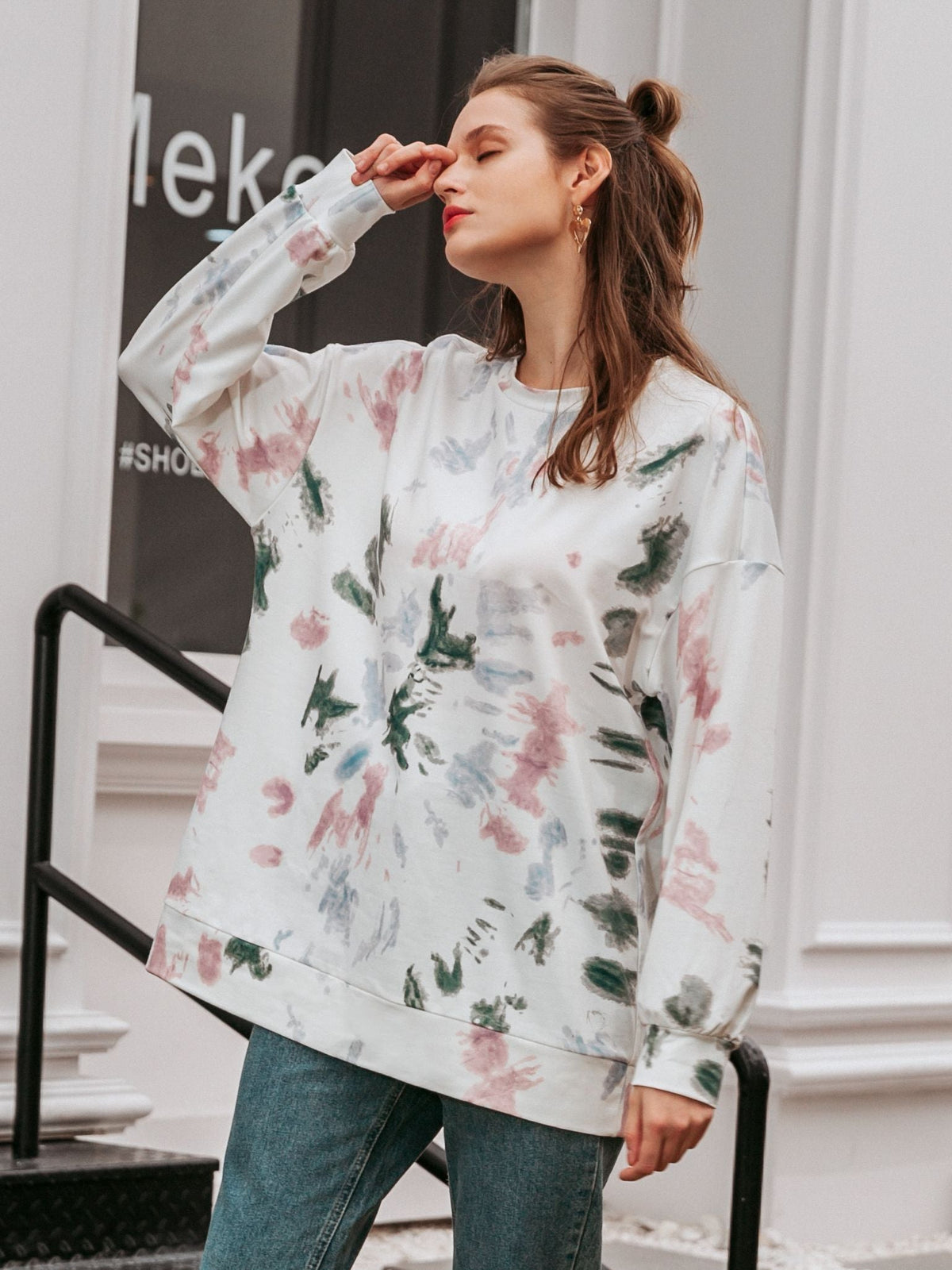 Simplee women's round neck tie dye long sleeve Hoodies