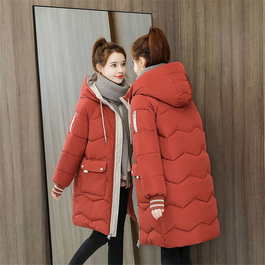 Oversized 4XL Hooded Mid-length Cotton Padded Coat Women Loose Warm Thicken Parka Fluffy Overcoat