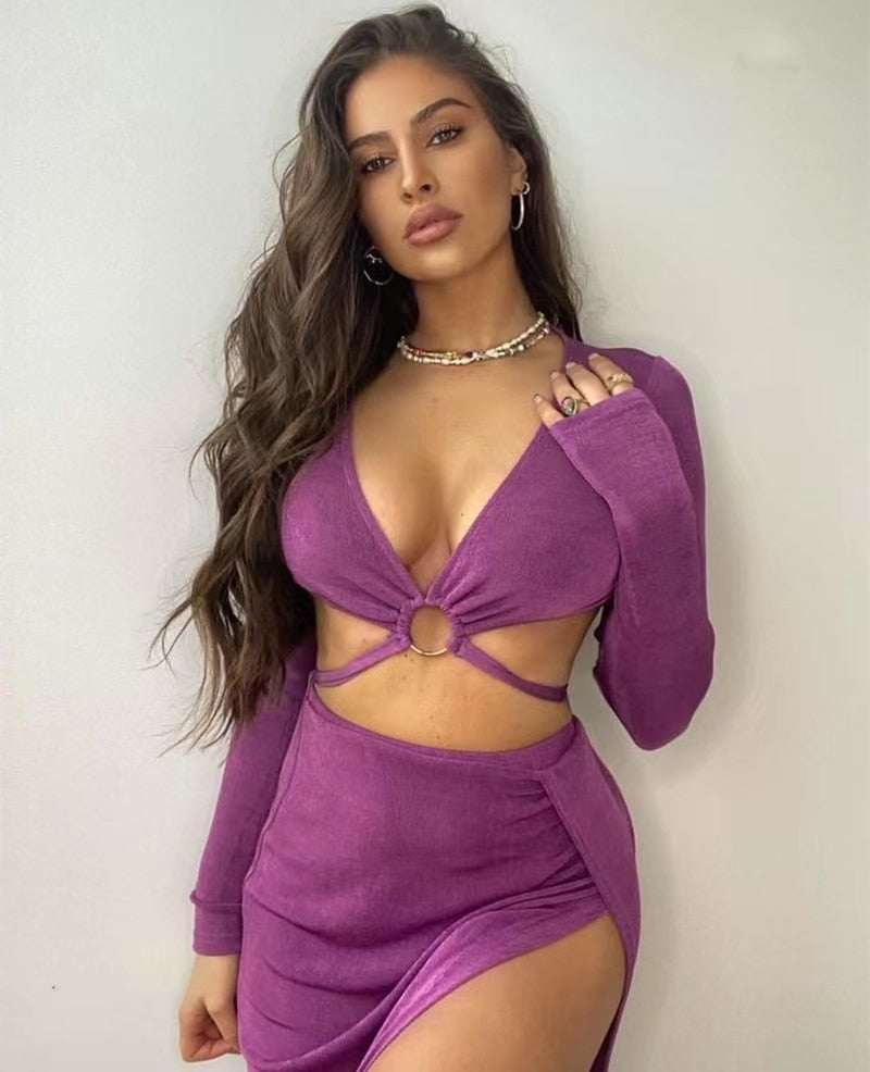 New Long Sleeve Bandage Dress Sets Elegant Women Top And Skirts