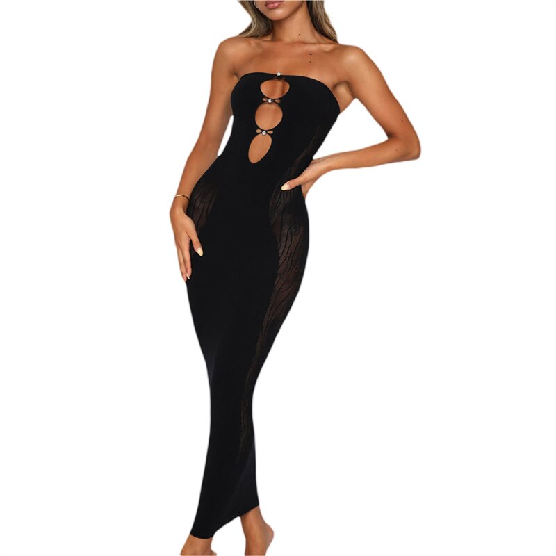 Summer Strapless Backless Tight Vestidos Sexy Party Women Cut Out Sleeveless Mesh Print Patchwork Bodycon Dress