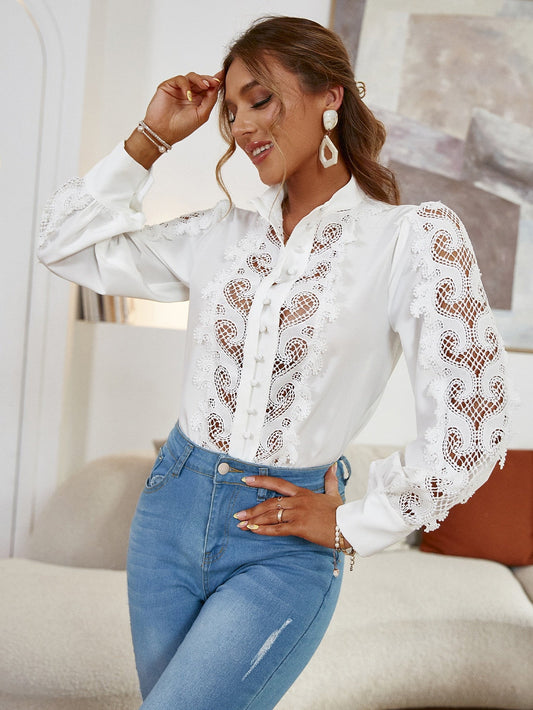Simplee Elegant puff sleeves white office women shirt