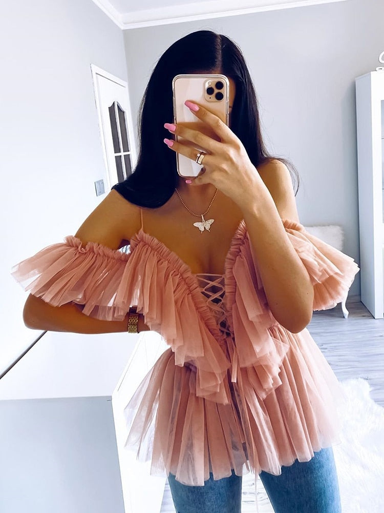 Simplee V-neck mesh lace up sexy blouse summer women Strap boho ruffle cold shouler elegant tops Tulle see through casual shirt