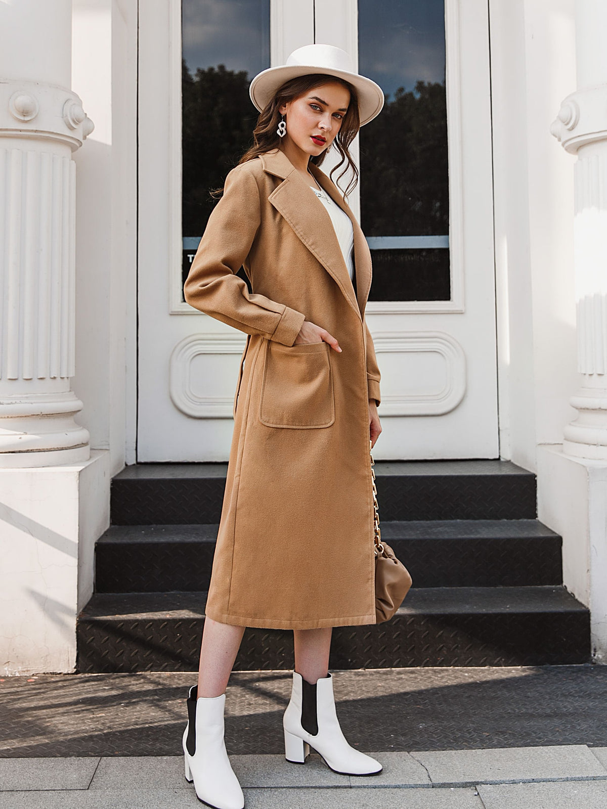Simplee Office lady camel autumn winter female wool coat High street fashion long sleeve coat Elegant pocket outwear with belt
