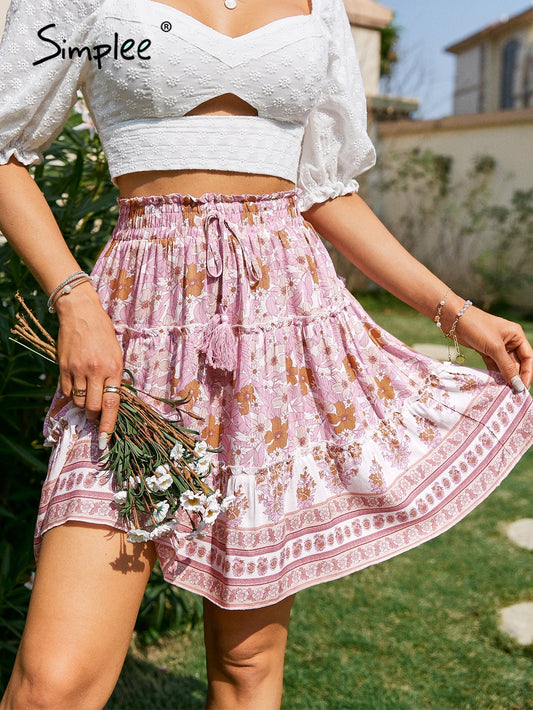 Simplee Boho ethnic tassel lace up print mini skirt summer women Floral elastic bohemian ruffle skirts pink A-line frills bottom