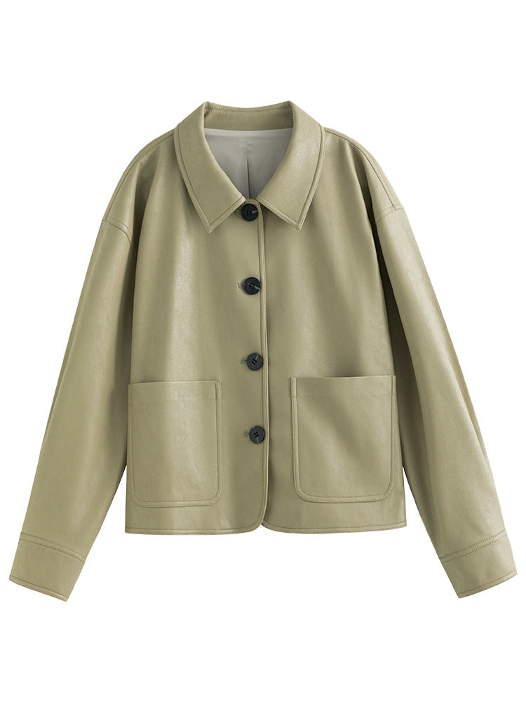 FSLE Polo Collar Full Drop Sleeve Leather Jacket Loose Short Straight Jacket Office Lady Solid Single Breasted Coats