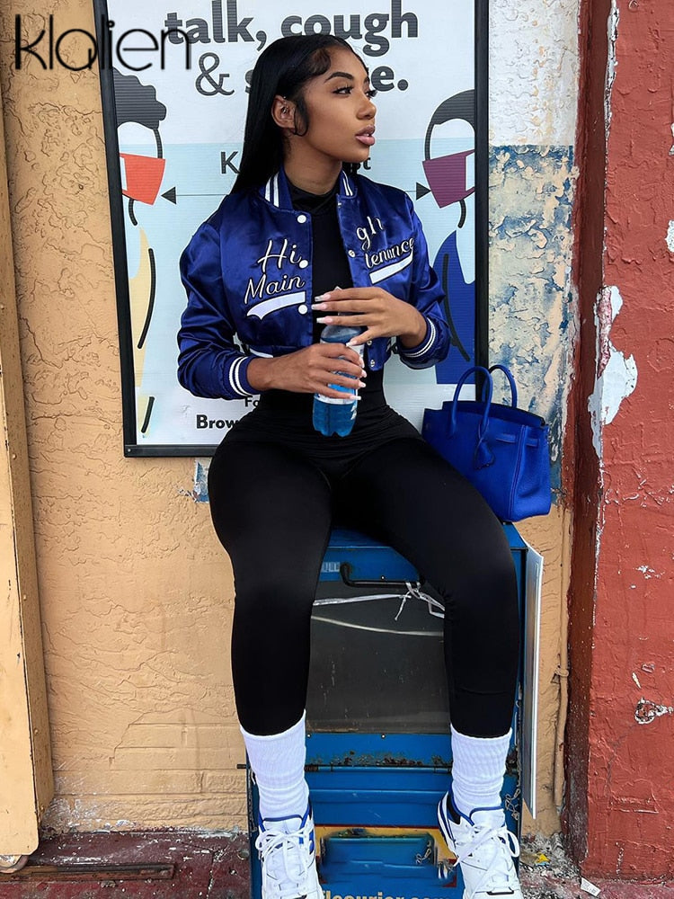 KLALIEN Fashion Casual Slim Coat Women Autumn Simple Print Letter Baseball Uniform Jacket Female Streetwear Sportswear Y2K