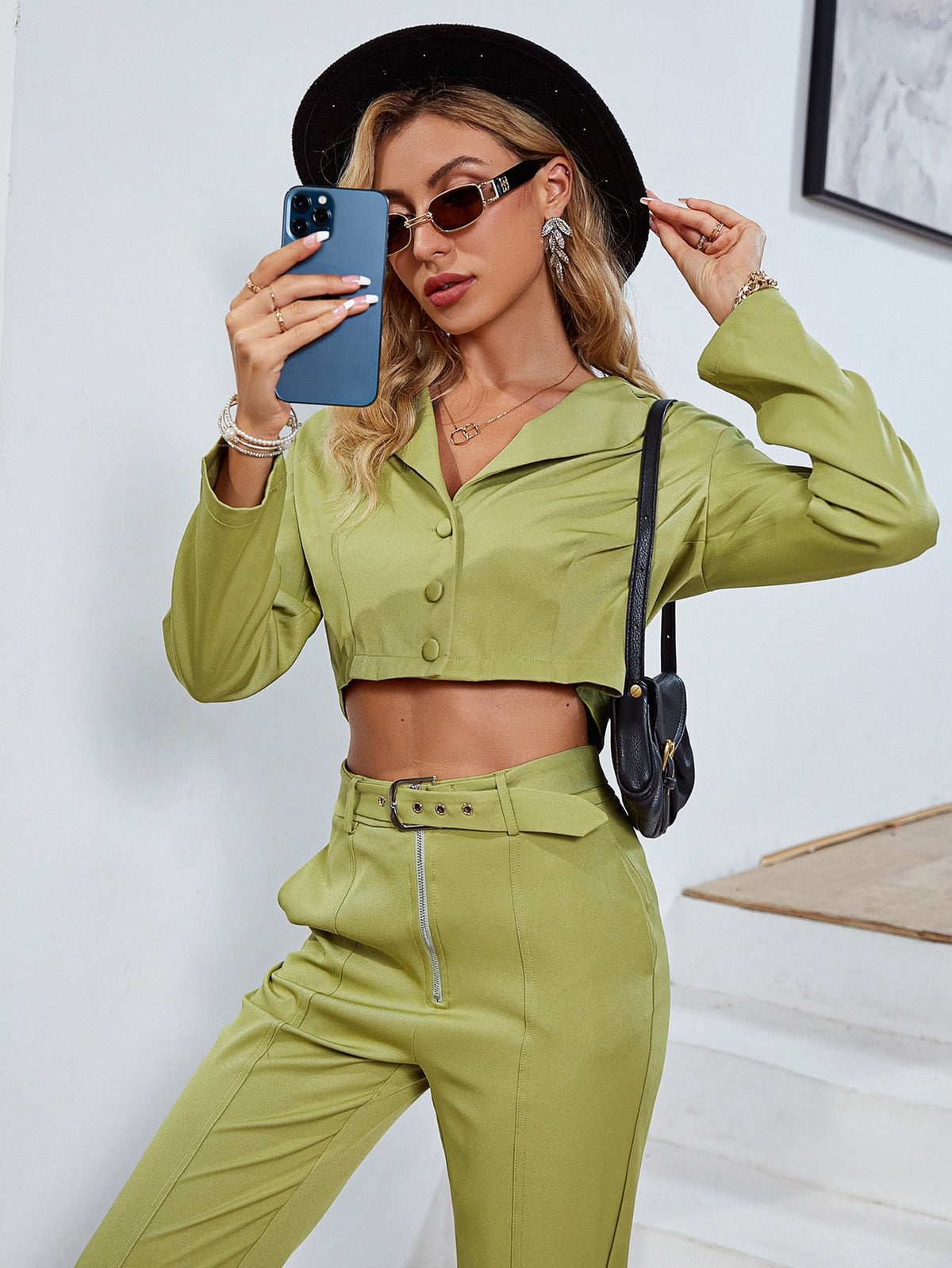 Simplee Office v-neck long sleeves crop top pant set Notched button belt high waist pants suit Shoulder pad green two piece sets
