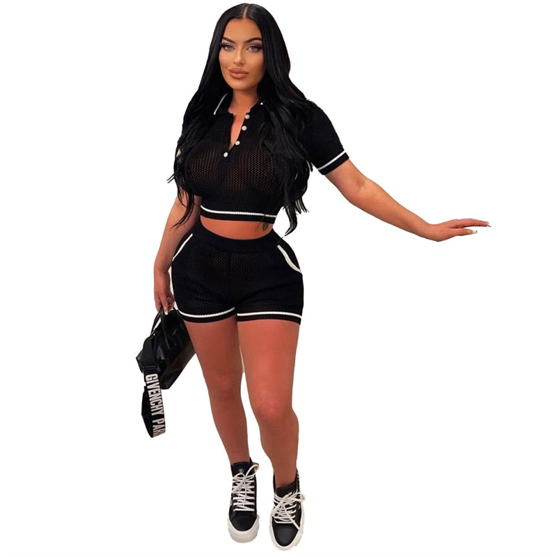 Adogirl Knitted Two Piece Set Women Summer Tracksuit Polo-Neck Short Sleeve Pullover Crop Tops Pockets Shorts Casual Jogger Suit