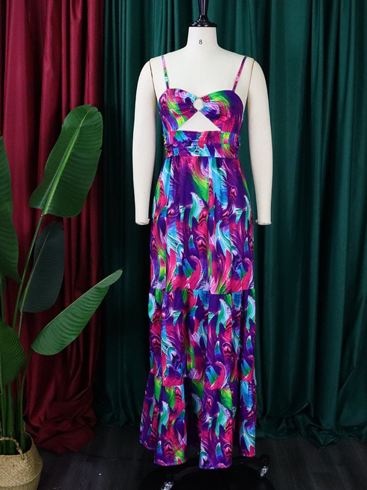 Abstract Print O-Ring Cutout Spaghetti Strap Cami Maxi Summer Dress Women
