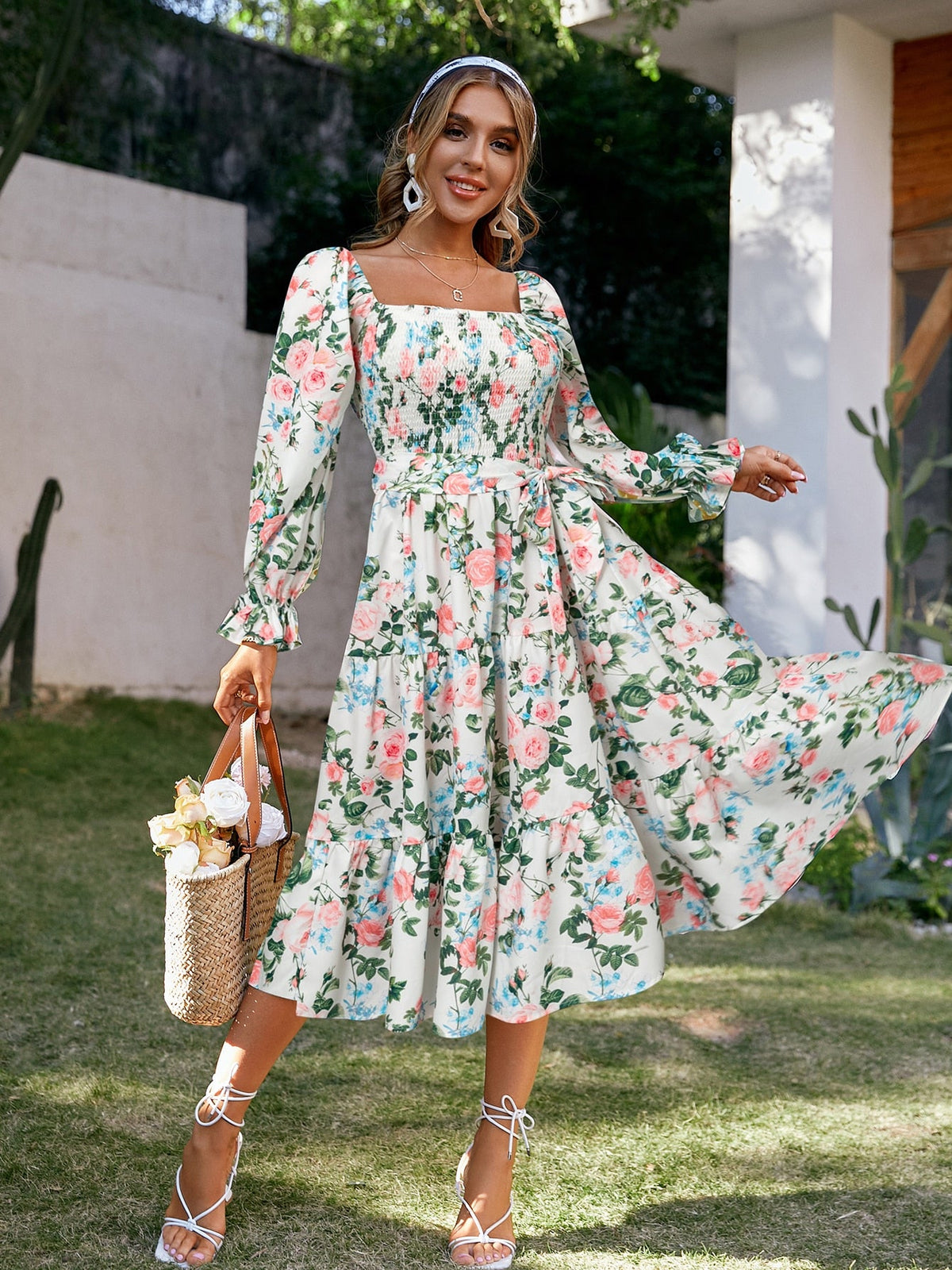Simplee Floral slash neck long sleeve ruffle print summer dress women Holiday beach belt vestido Square collar elastic dresses