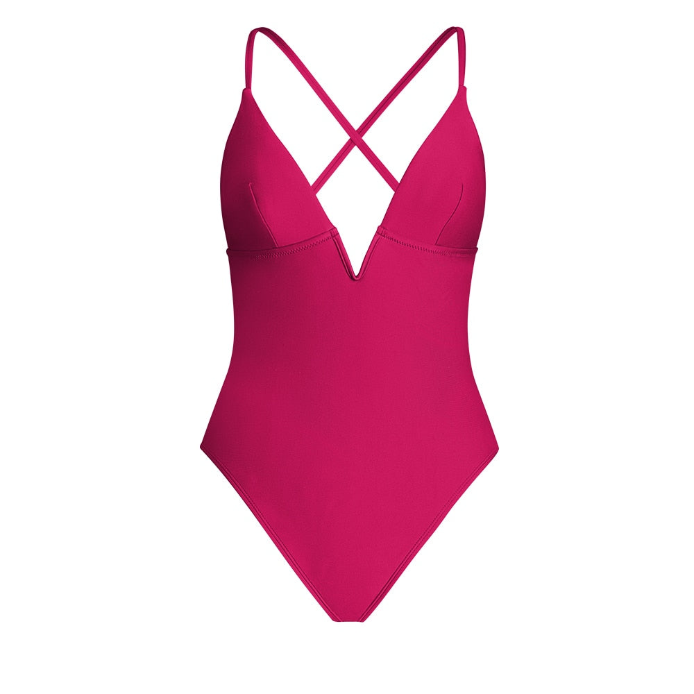 SEASELFIE V-Wire Cross Back One-piece Swimsuit For Women Black Sexy Backless Monokini Swimwear Bathing Suit Beachwear