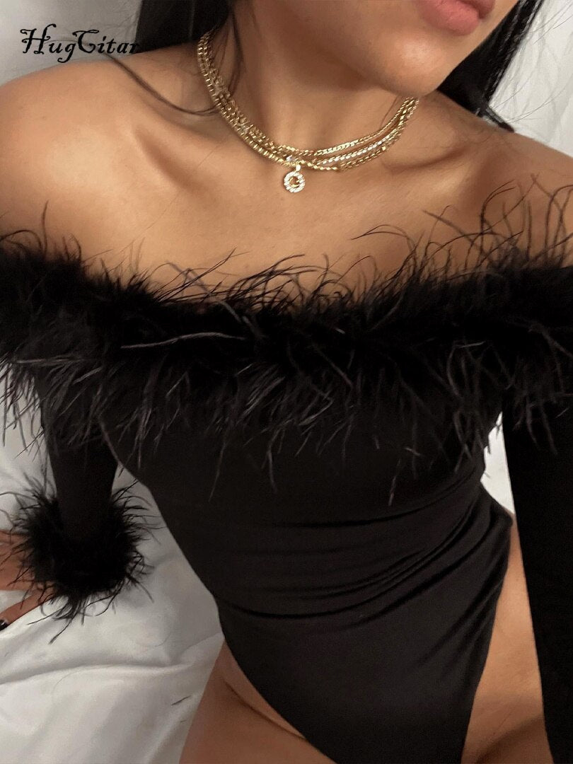 Hugcitar Feather Slash Neck Long Sleeve Solid Elegant Sexy Bodycon Bodysuit