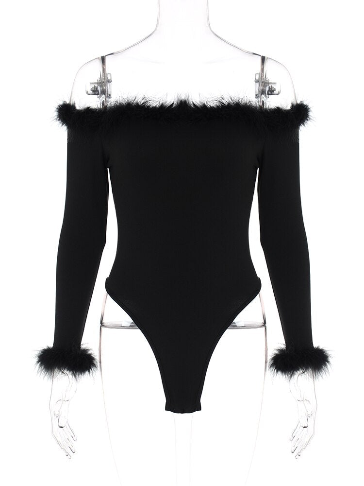 Hugcitar Feather Slash Neck Long Sleeve Solid Elegant Sexy Bodycon Bodysuit