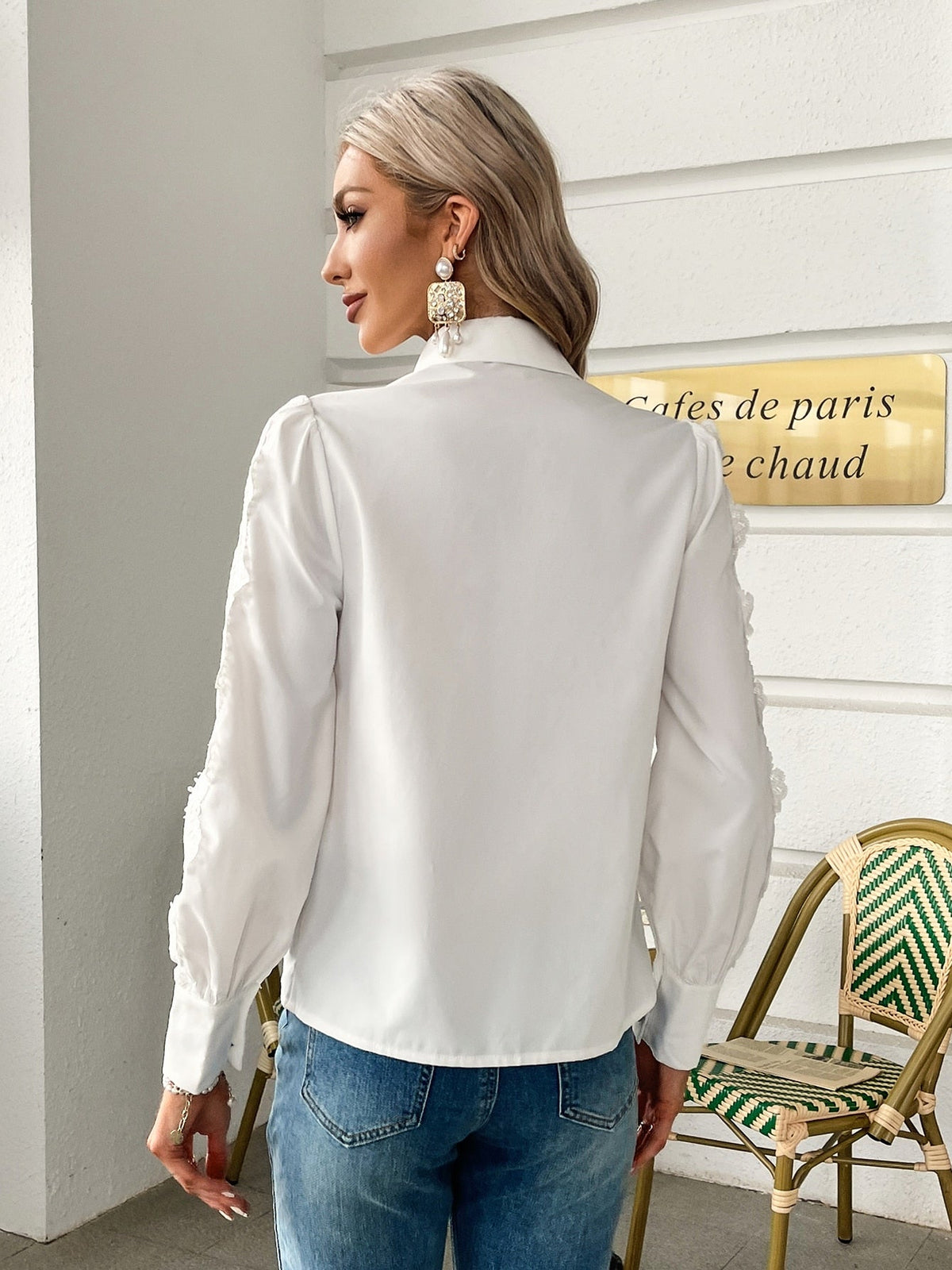Simplee White elegant hollow out women shirt Lace patchwork frills puff sleeve office shirts