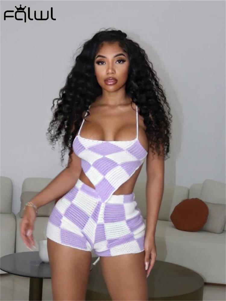 Summer Knitted Plaid Bodycon Two Piece Sets For Women
