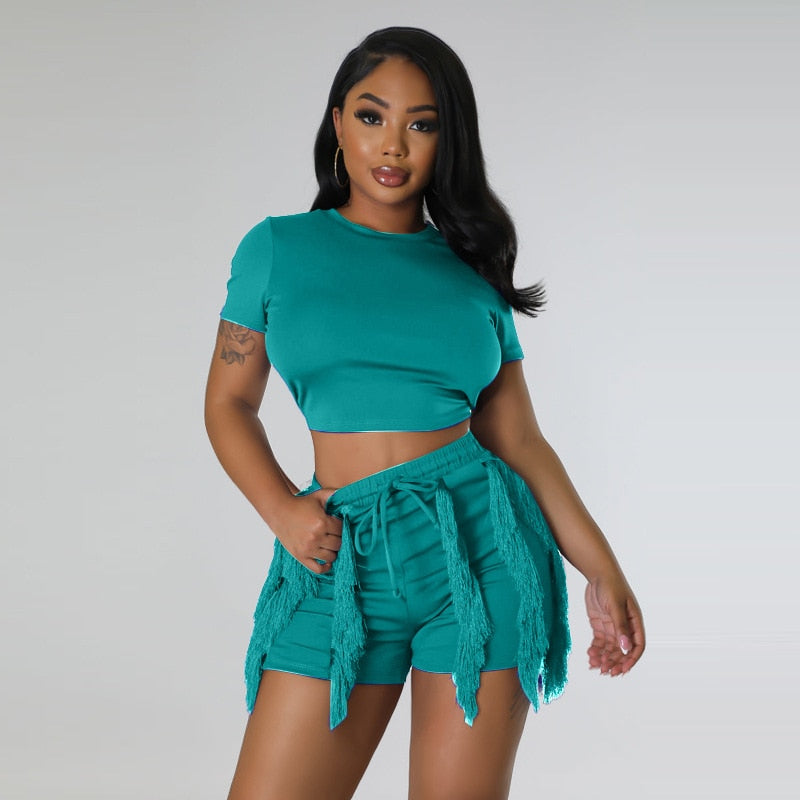 Echoine Short Sleeve Round Tshirt Crop Top Tassel Patchwork Shorts Two Piece Set