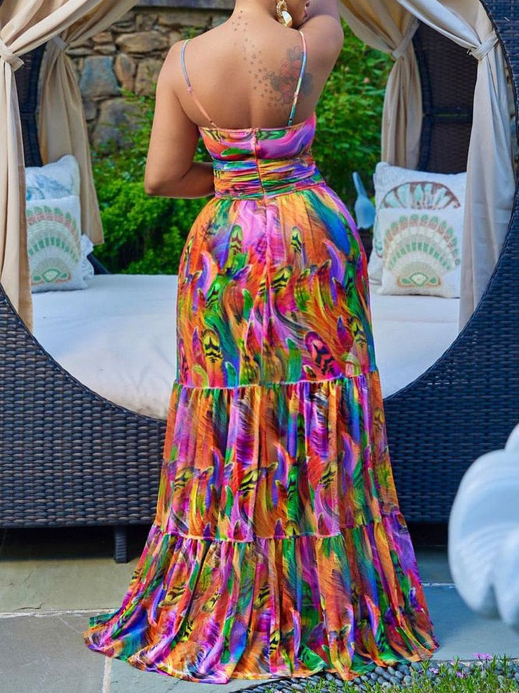 Abstract Print O-Ring Cutout Spaghetti Strap Cami Maxi Summer Dress Women
