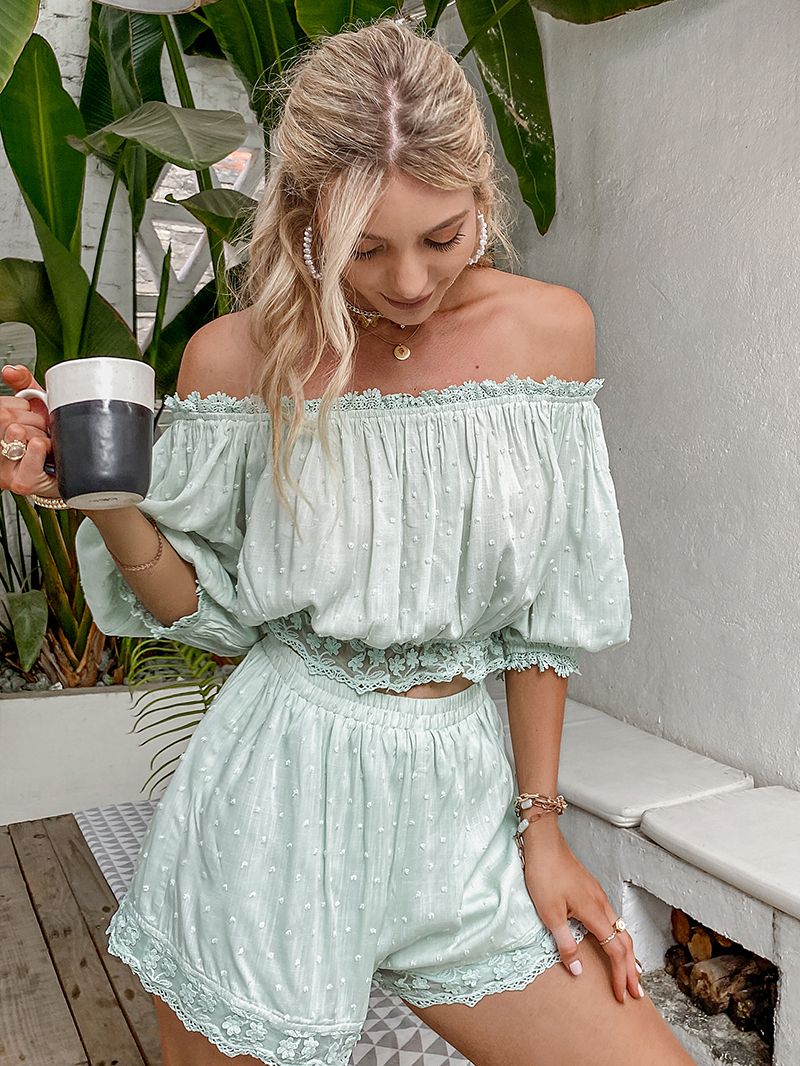 Simplee vintage solid women's short sets summer Lace puff sleeve off-shoulder sets