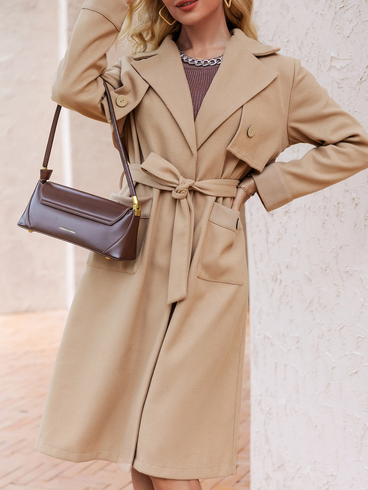 Simplee Elegant v-neck lace up long sleeve button trench coats Office notched pocket sash long coat Female blazer collar outwear