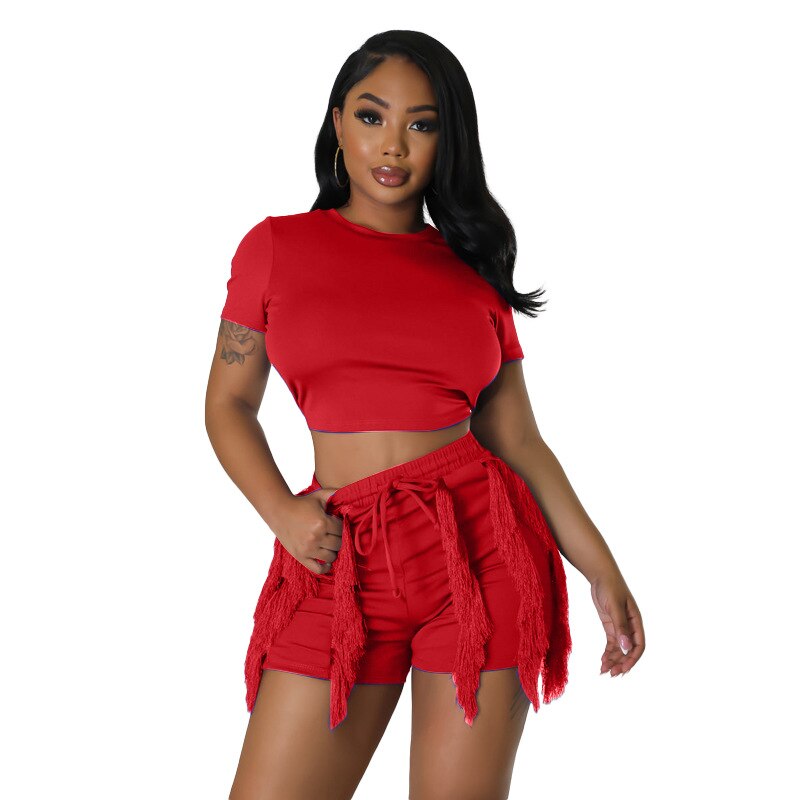 Echoine Short Sleeve Round Tshirt Crop Top Tassel Patchwork Shorts Two Piece Set