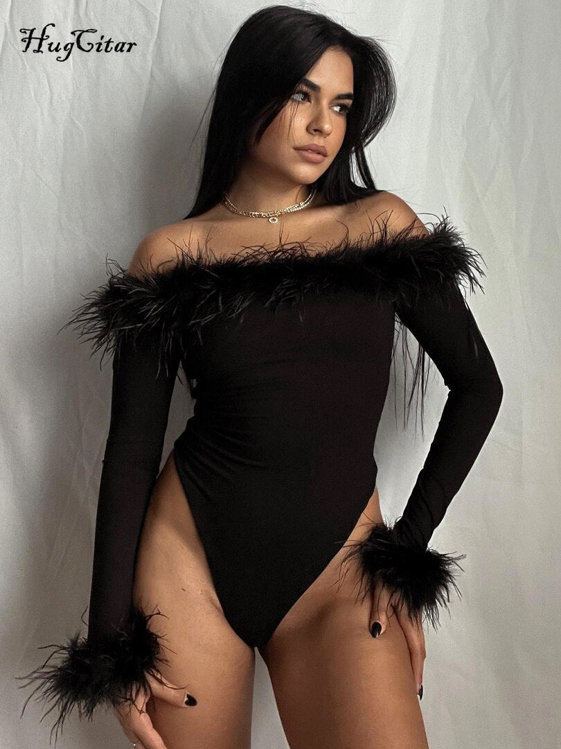 Hugcitar Feather Slash Neck Long Sleeve Solid Elegant Sexy Bodycon Bodysuit
