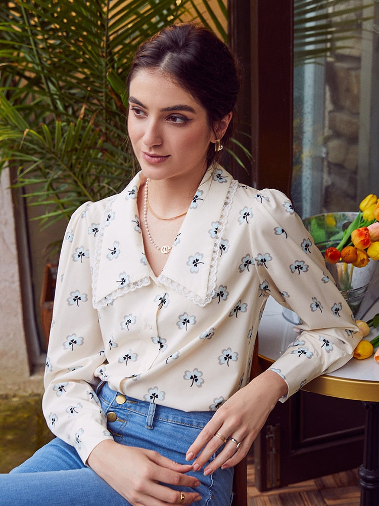 Simplee Vintage floral print blouse women Casual long sleeve female top