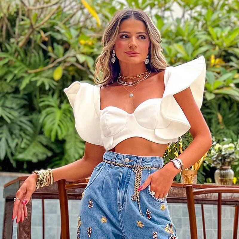 hirigin Y2K Women Tanks Tops with Ruffle Sleeves Solid Navel Sweet Skinny Summer Clothing Party Clubwear Shirt
