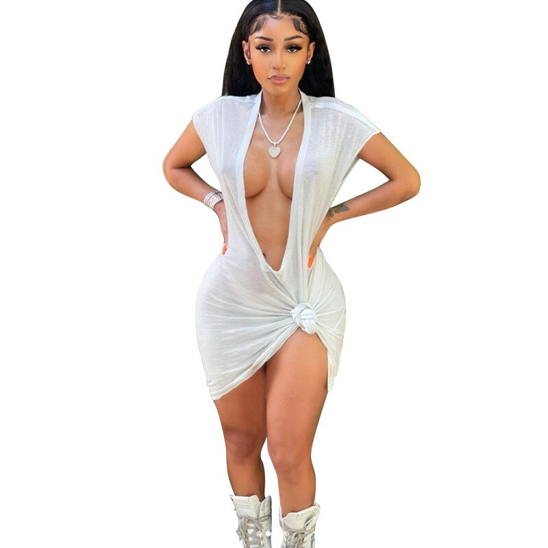 CM.YAYA Women Dress Solid Short Sleeve Deep V-neck