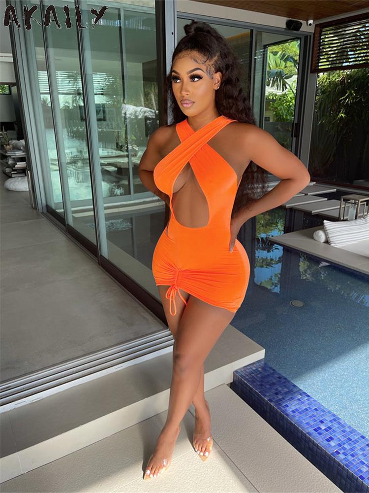 Akaily Summer Sexy Drawstring Balck Bodycon Mini Dresses For Women 2023 Sleeveless Halter Hollow Out Slim Fit Short Dresses