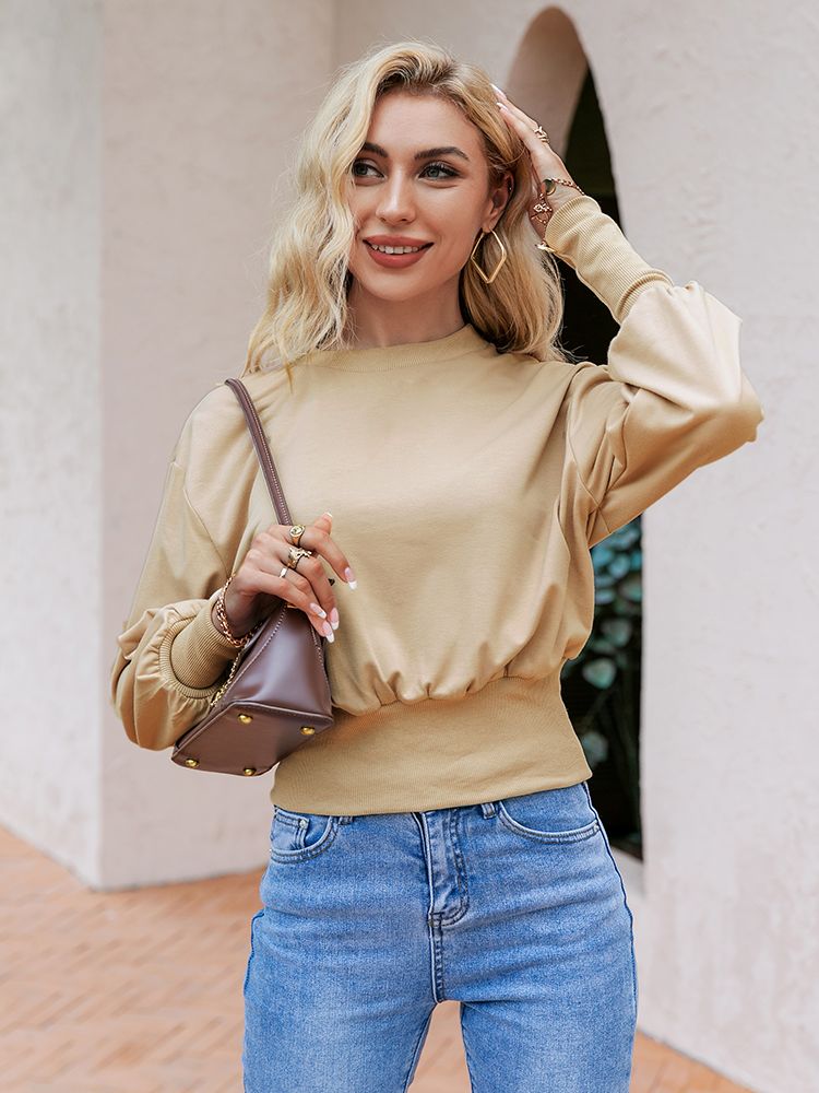 Simplee Causal bishop sleeve women hoodies autumn Office long sleeve short one piece hoodie sweatshirt O-neck khaki fashion tops