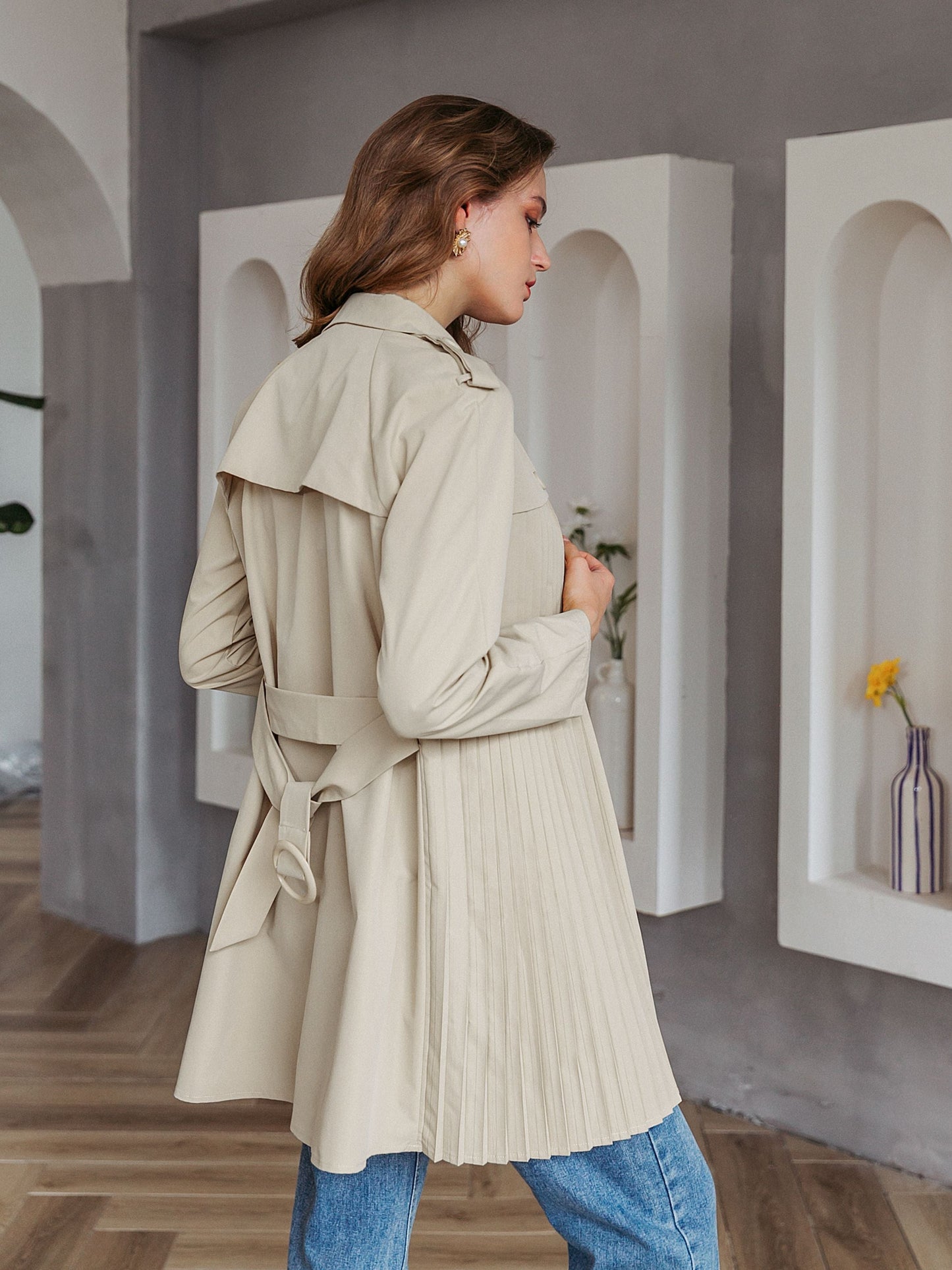 Simplee Casual turn-down collar pleated women trench coat Single-breasted belt female windbreaker High street ladies wind coat