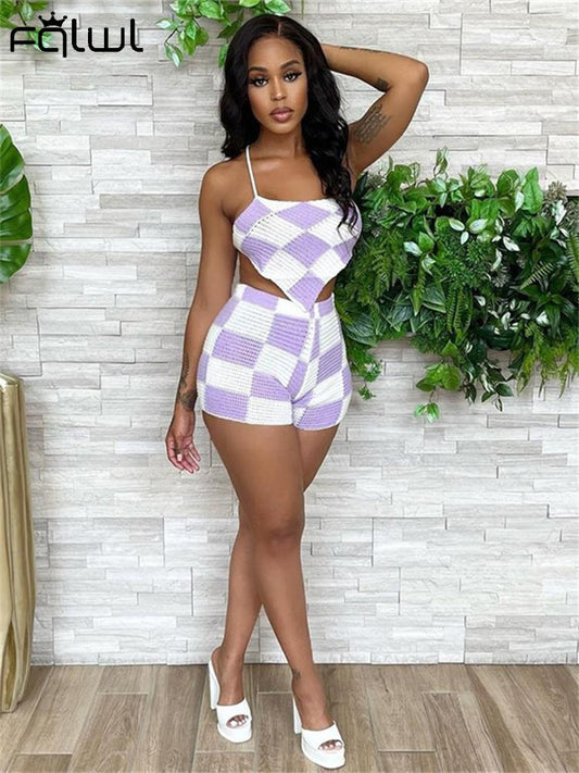 Summer Knitted Plaid Bodycon Two Piece Sets For Women