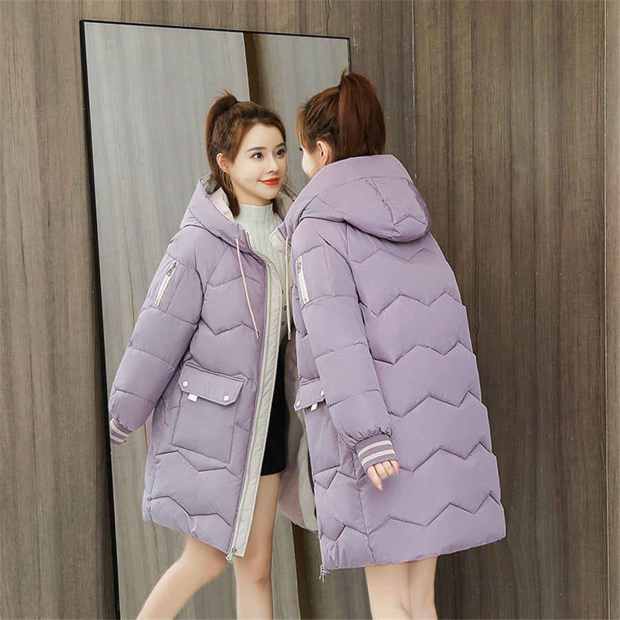 Oversized 4XL Hooded Mid-length Cotton Padded Coat Women Loose Warm Thicken Parka Fluffy Overcoat