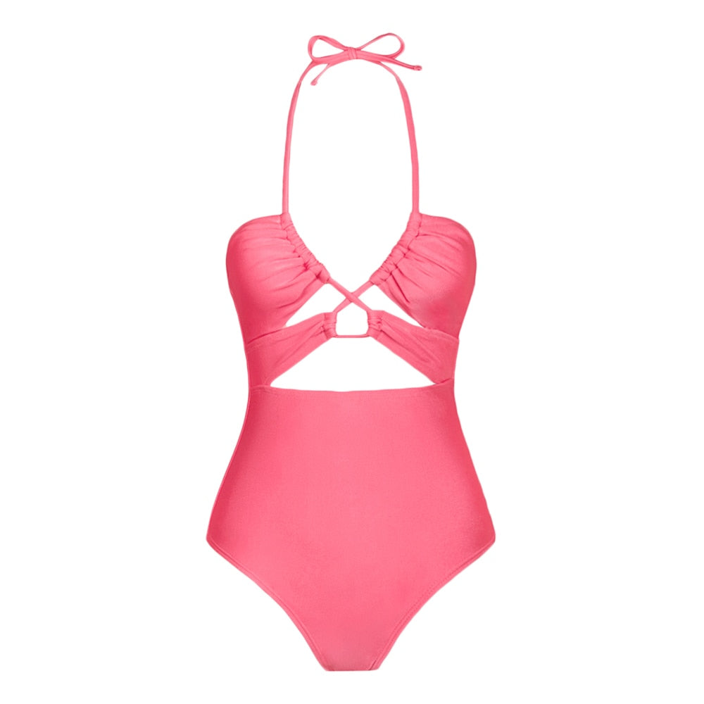 SEASELFIE Black Cut Out Halter One-piece Swimsuit For Women Sexy Drawstring Monokini Swimwear Beach Bathing Suit Beachwear