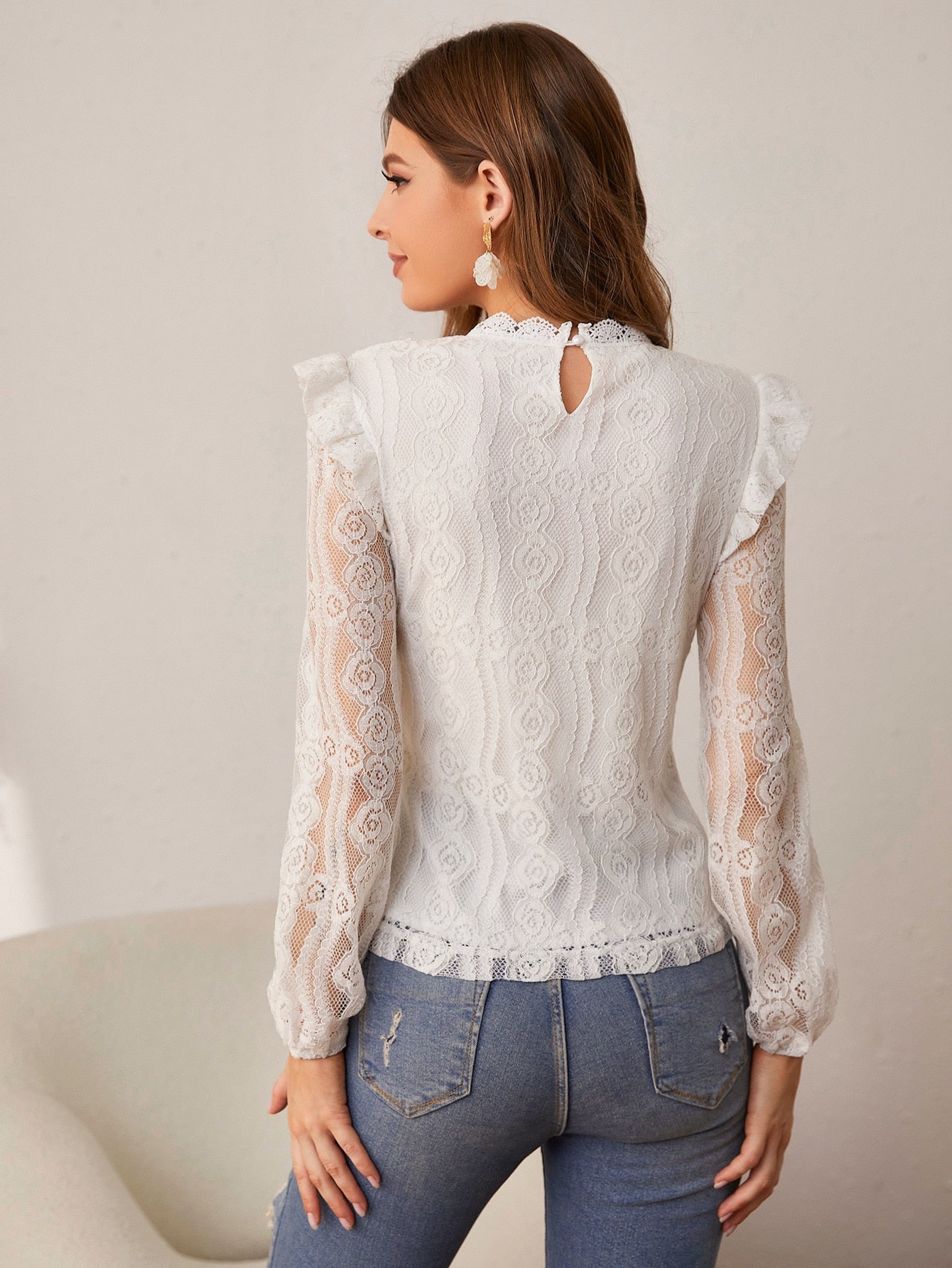 Simplee Elegant ruffle lace patchwork o-neck long sleeves