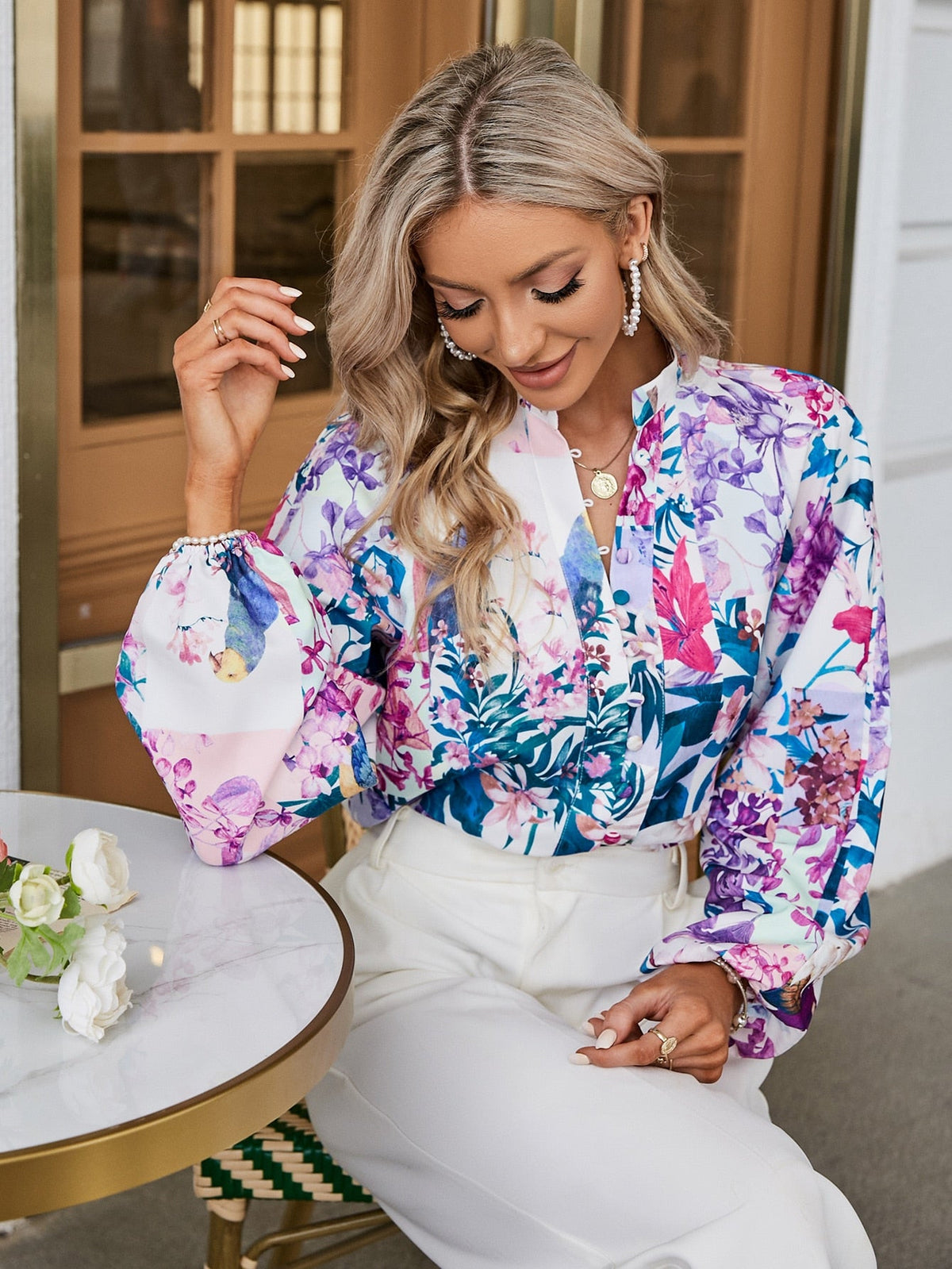 Simplee Elegant lantern sleeve loose print women shirt