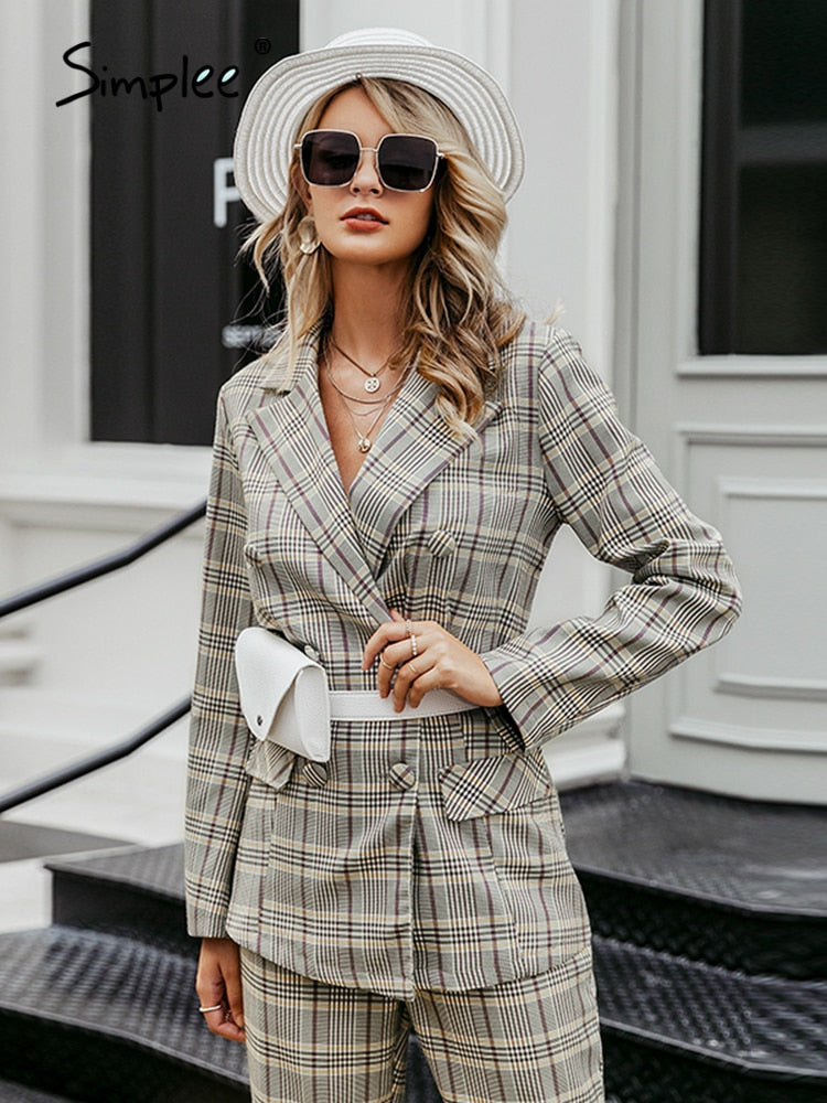 Plaid Double Breasted Ladies Blazer