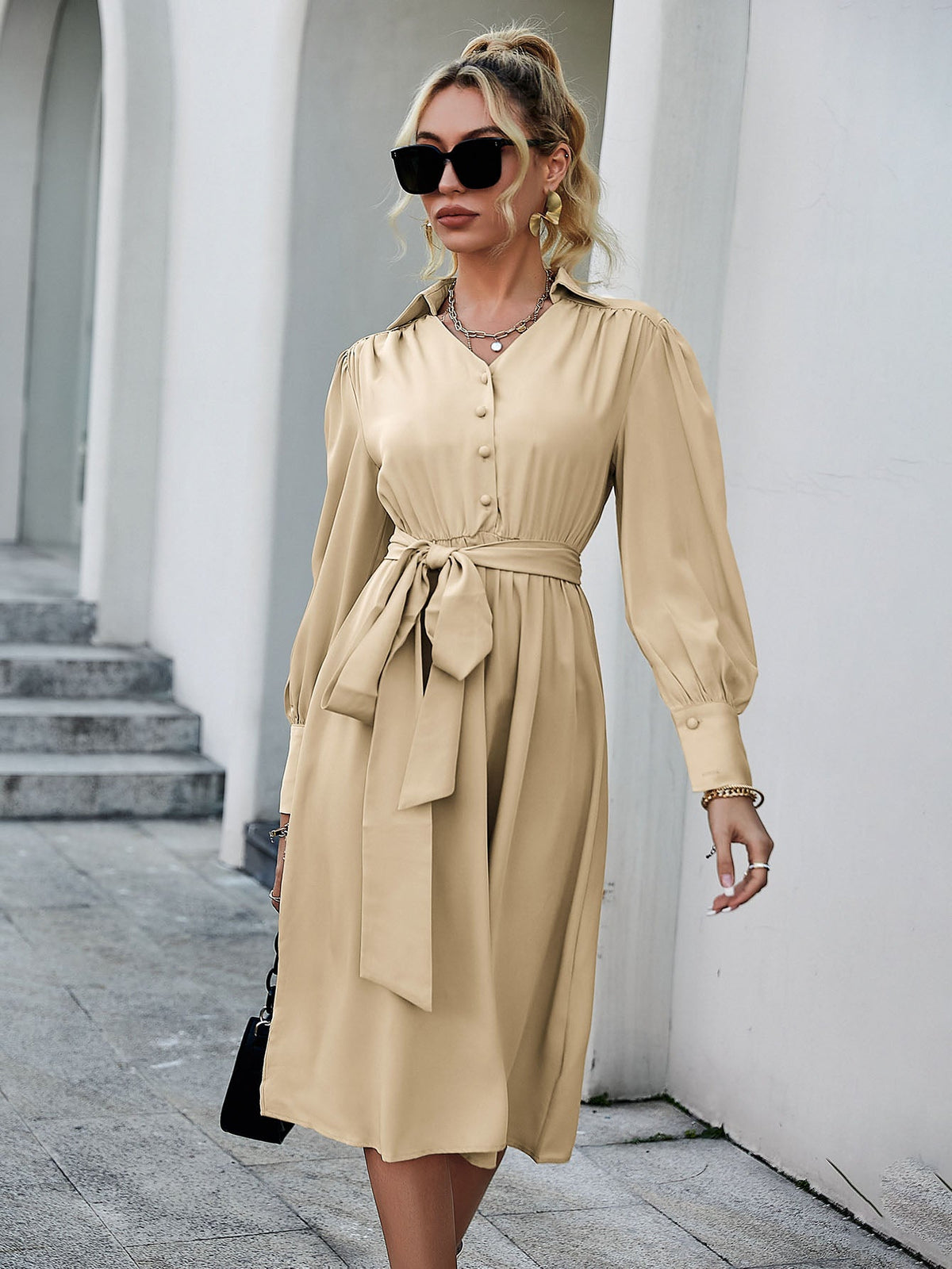 Simplee Elegant a-line bishop long sleeve lace up women dress