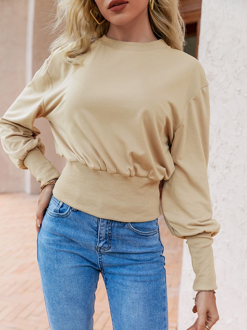 Simplee Causal bishop sleeve women hoodies autumn Office long sleeve short one piece hoodie sweatshirt O-neck khaki fashion tops