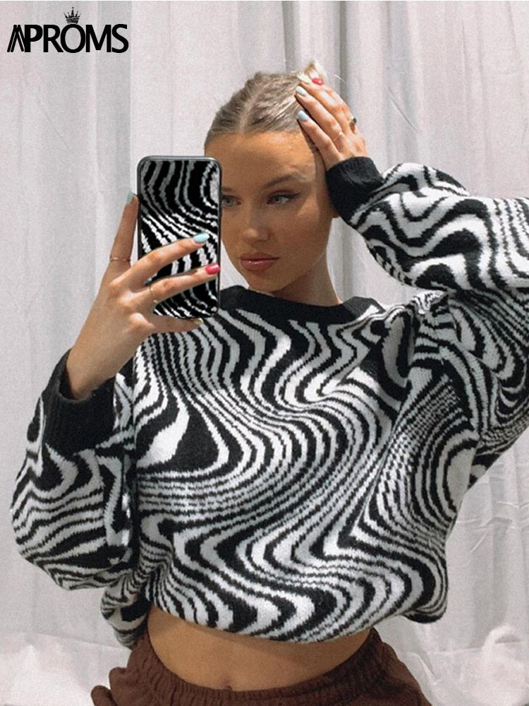 Aproms Elegant Black White Striped Sweaters