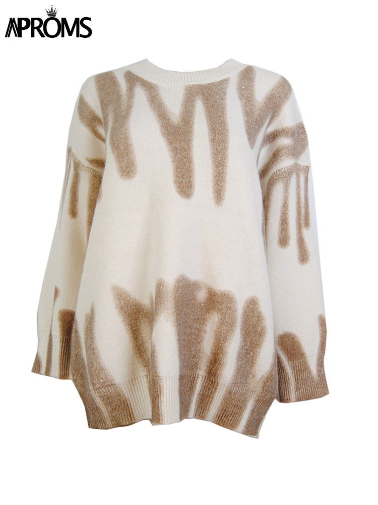 Aproms Korean Fashion Khaki Stripes Print Loose Sweaters