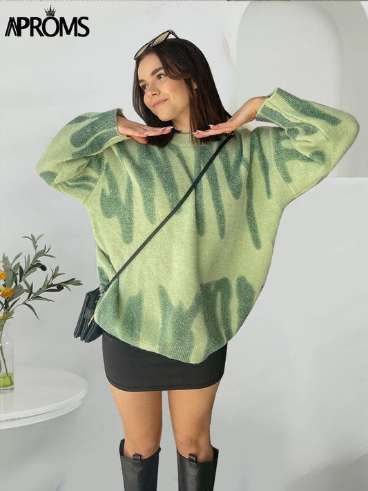 Aproms Elegant Green Striped Print Pullovers