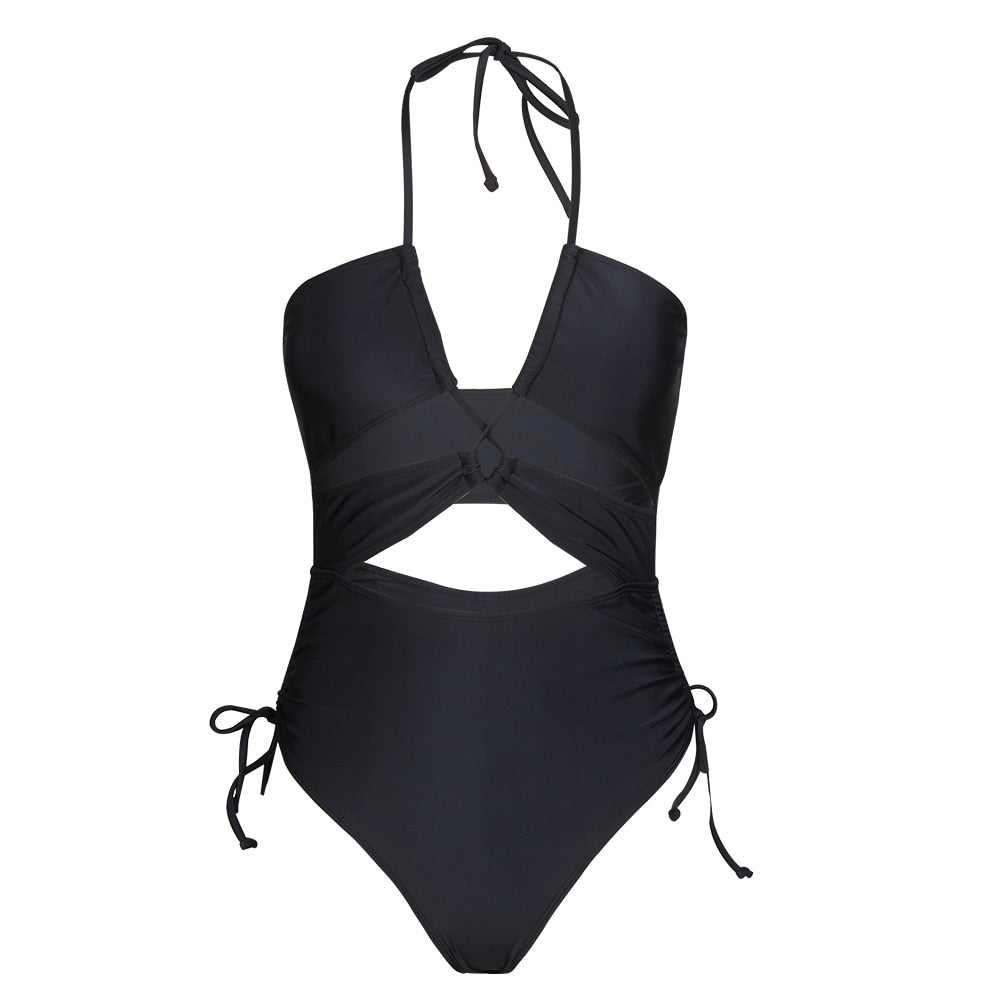 SEASELFIE Black Cut Out Halter One-piece Swimsuit For Women Sexy Drawstring Monokini Swimwear Beach Bathing Suit Beachwear