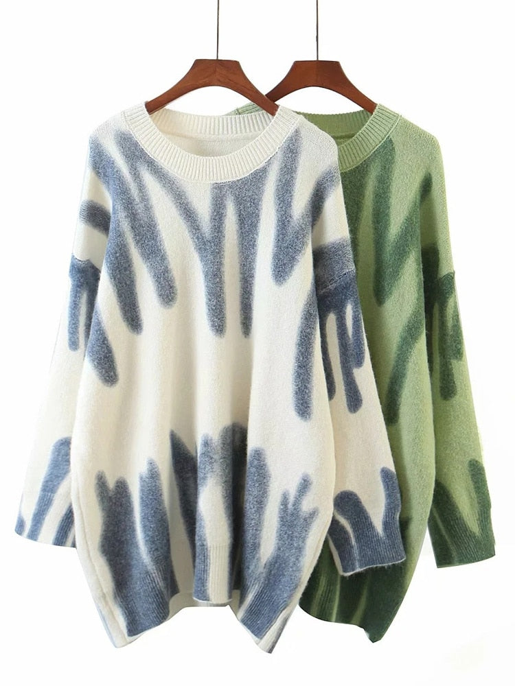 Aproms Elegant Green Striped Print Pullovers