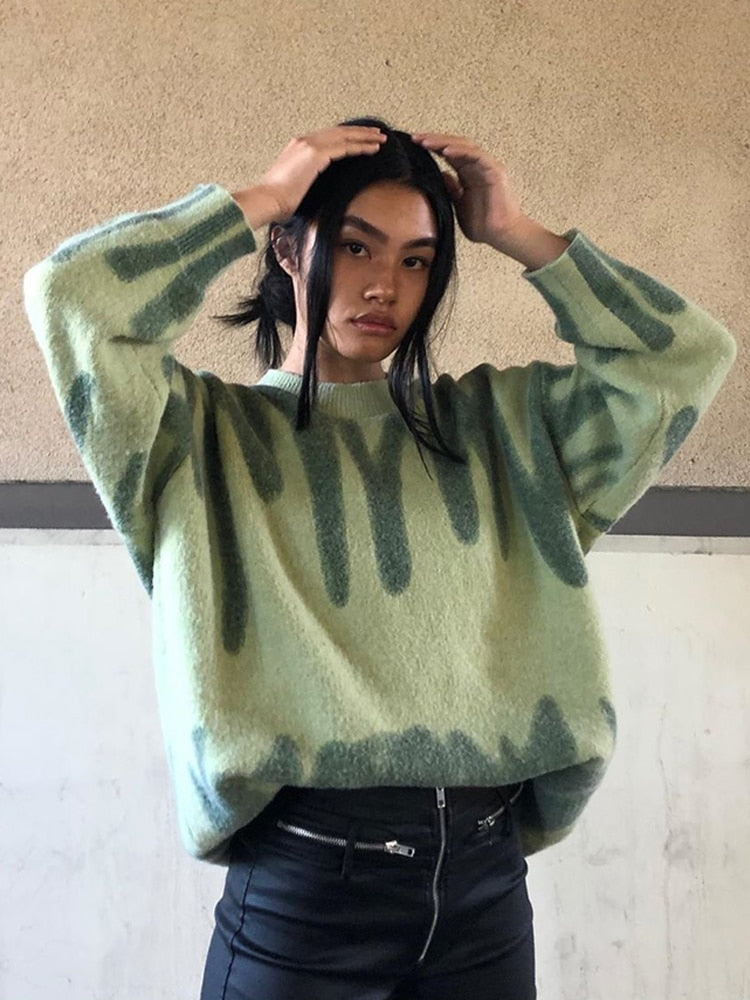 Aproms Elegant Green Striped Print Pullovers