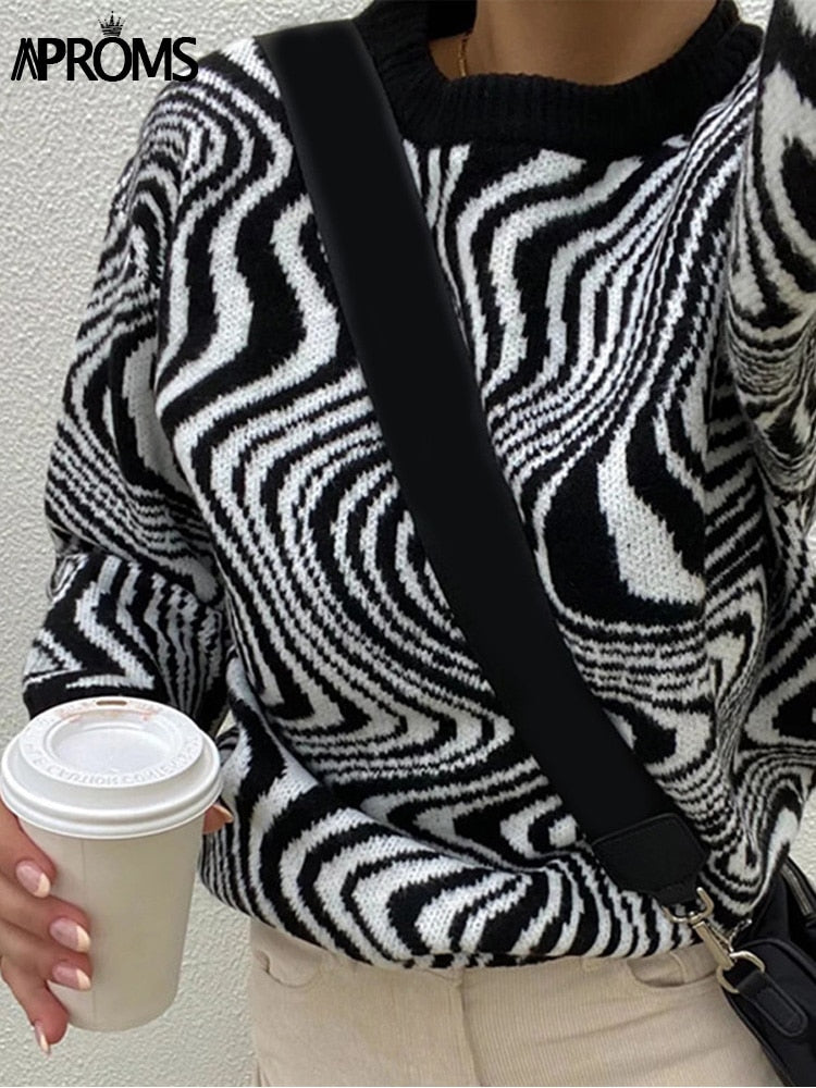 Aproms Elegant Black White Striped Sweaters
