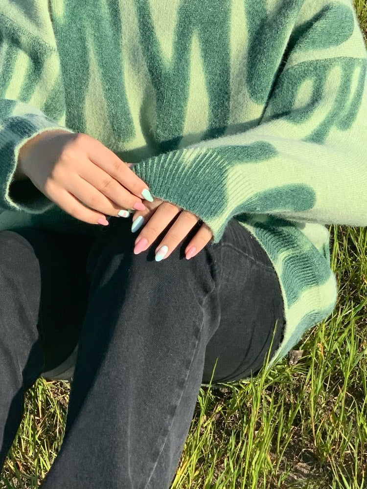 Aproms Elegant Green Striped Print Pullovers